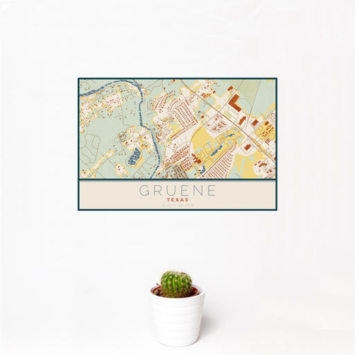 12x18 Gruene Texas Map Print Landscape Orientation in Woodblock Style With Small Cactus Plant in White Planter