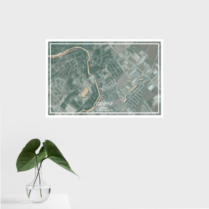 16x24 Gruene Texas Map Print Landscape Orientation in Afternoon Style With Tropical Plant Leaves in Water