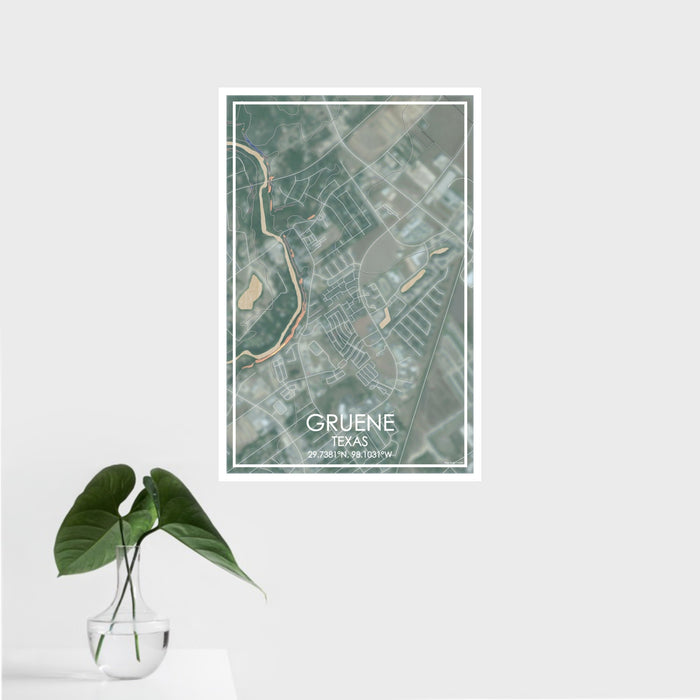 16x24 Gruene Texas Map Print Portrait Orientation in Afternoon Style With Tropical Plant Leaves in Water