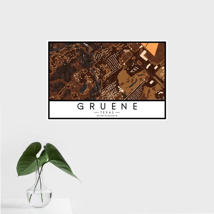 16x24 Gruene Texas Map Print Landscape Orientation in Ember Style With Tropical Plant Leaves in Water
