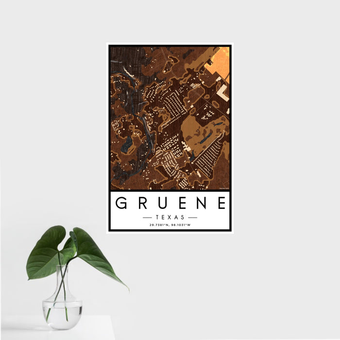 16x24 Gruene Texas Map Print Portrait Orientation in Ember Style With Tropical Plant Leaves in Water