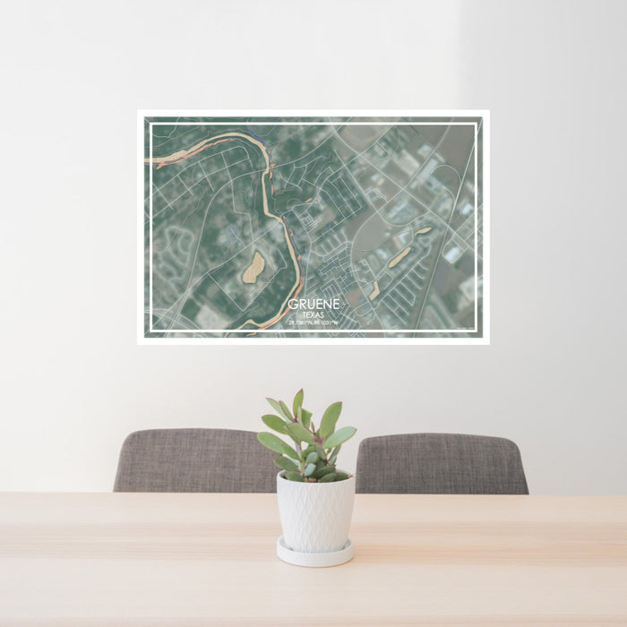 24x36 Gruene Texas Map Print Lanscape Orientation in Afternoon Style Behind 2 Chairs Table and Potted Plant
