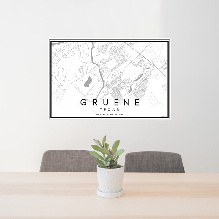 24x36 Gruene Texas Map Print Lanscape Orientation in Classic Style Behind 2 Chairs Table and Potted Plant