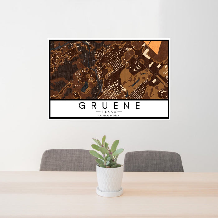 24x36 Gruene Texas Map Print Lanscape Orientation in Ember Style Behind 2 Chairs Table and Potted Plant