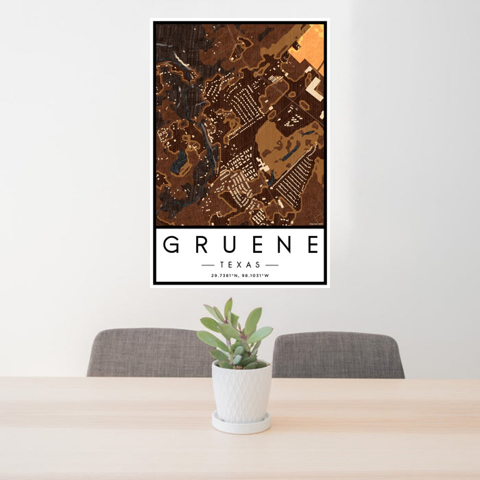 24x36 Gruene Texas Map Print Portrait Orientation in Ember Style Behind 2 Chairs Table and Potted Plant