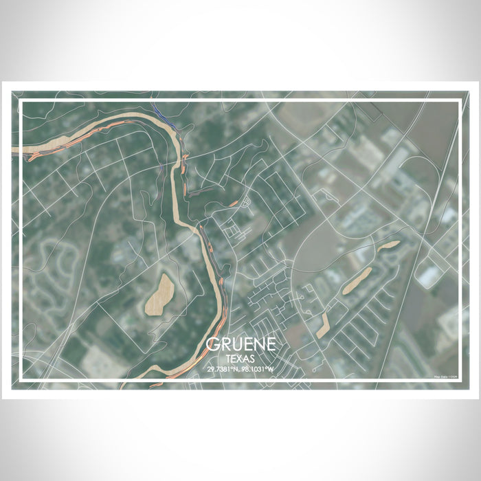 Gruene Texas Map Print Landscape Orientation in Afternoon Style With Shaded Background