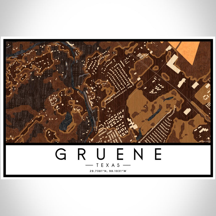 Gruene Texas Map Print Landscape Orientation in Ember Style With Shaded Background