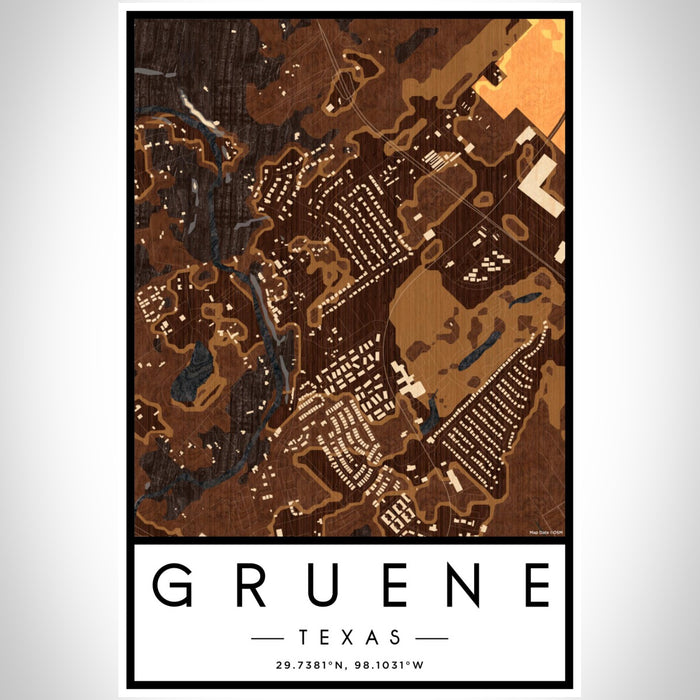 Gruene Texas Map Print Portrait Orientation in Ember Style With Shaded Background