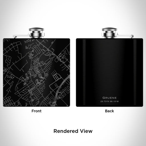 Rendered View of Gruene Texas Map Engraving on 6oz Stainless Steel Flask in Black