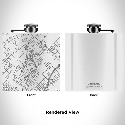 Rendered View of Gruene Texas Map Engraving on 6oz Stainless Steel Flask in White