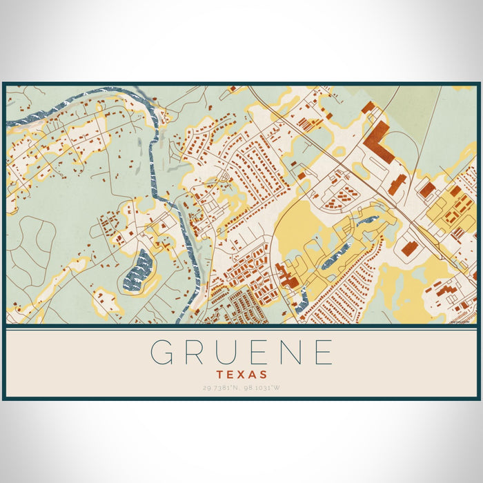 Gruene Texas Map Print Landscape Orientation in Woodblock Style With Shaded Background