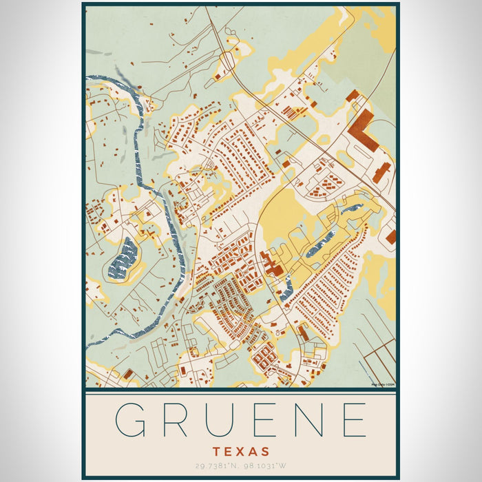 Gruene Texas Map Print Portrait Orientation in Woodblock Style With Shaded Background