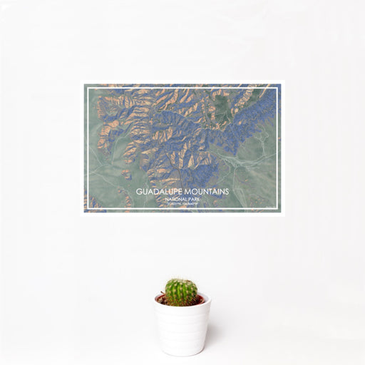 12x18 Guadalupe Mountains National Park Map Print Landscape Orientation in Afternoon Style With Small Cactus Plant in White Planter