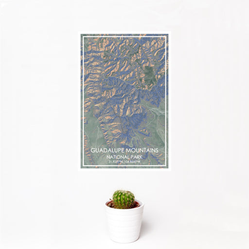 12x18 Guadalupe Mountains National Park Map Print Portrait Orientation in Afternoon Style With Small Cactus Plant in White Planter