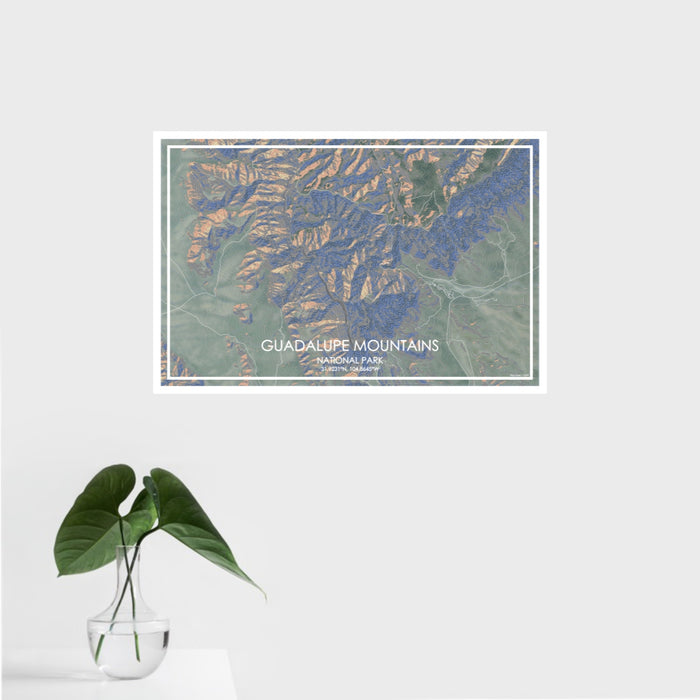16x24 Guadalupe Mountains National Park Map Print Landscape Orientation in Afternoon Style With Tropical Plant Leaves in Water