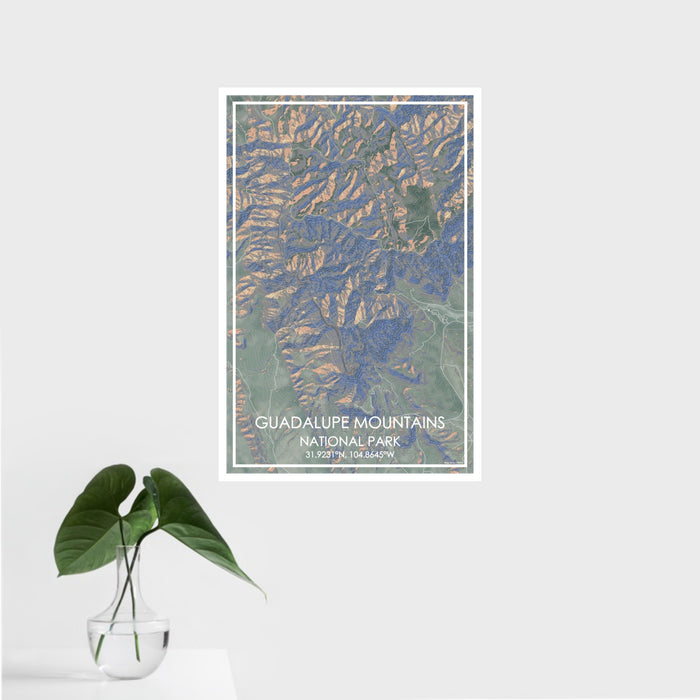 16x24 Guadalupe Mountains National Park Map Print Portrait Orientation in Afternoon Style With Tropical Plant Leaves in Water