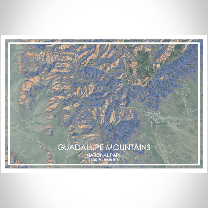 Guadalupe Mountains National Park Map Print Landscape Orientation in Afternoon Style With Shaded Background