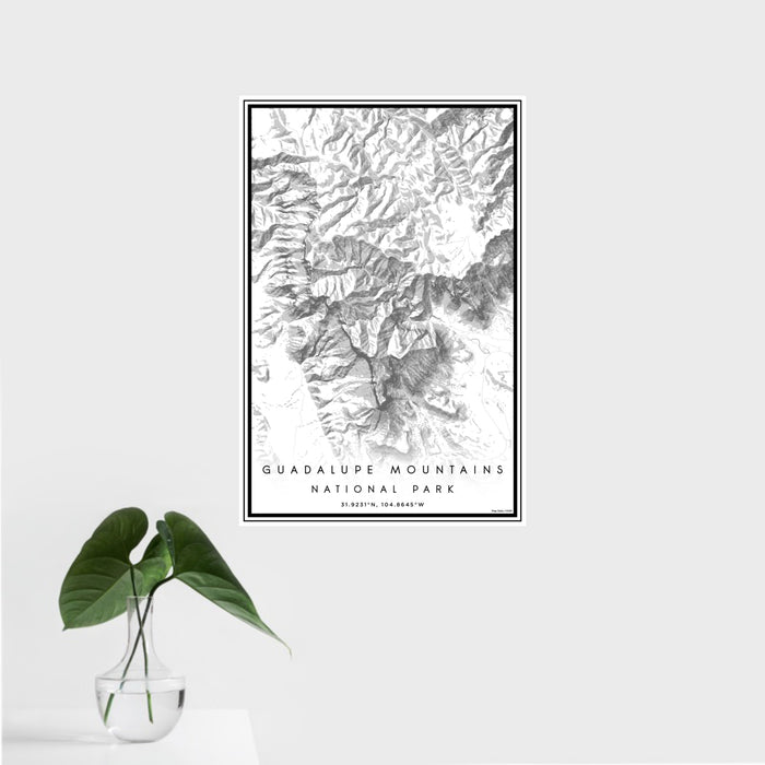 16x24 Guadalupe Mountains National Park Map Print Portrait Orientation in Classic Style With Tropical Plant Leaves in Water