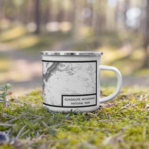 Right View Custom Guadalupe Mountains National Park Map Enamel Mug in Classic on Grass With Trees in Background