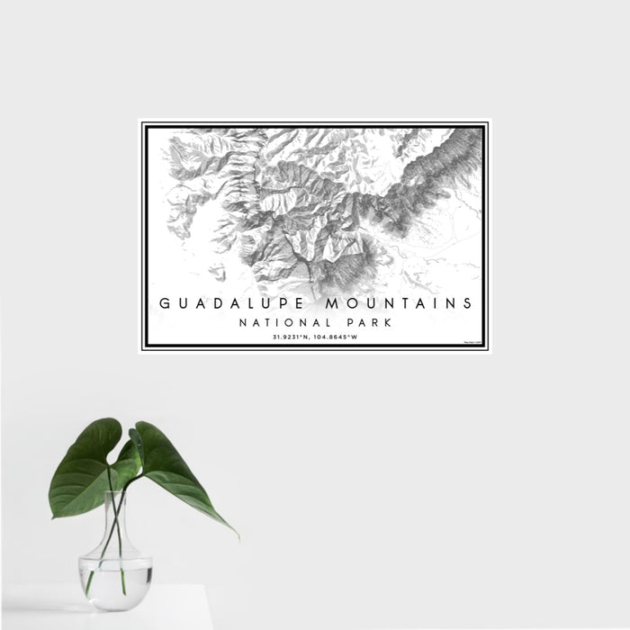 16x24 Guadalupe Mountains National Park Map Print Landscape Orientation in Classic Style With Tropical Plant Leaves in Water
