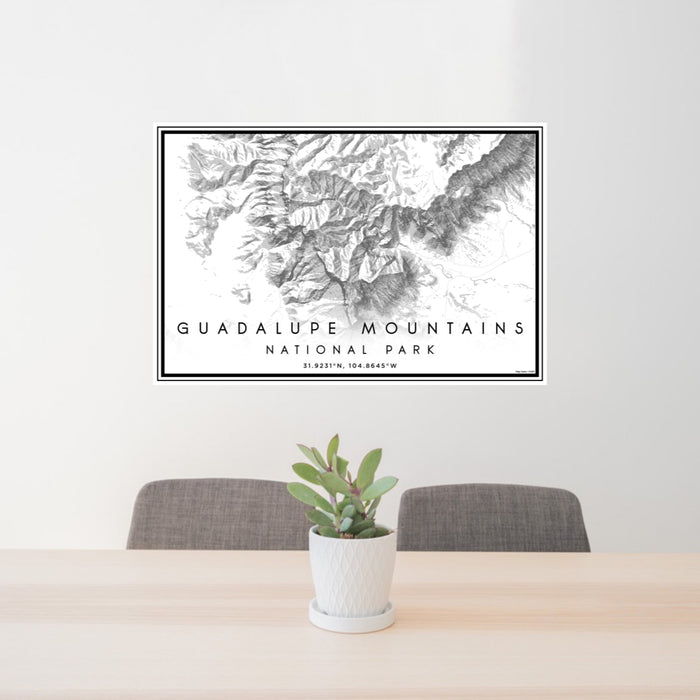 24x36 Guadalupe Mountains National Park Map Print Landscape Orientation in Classic Style Behind 2 Chairs Table and Potted Plant