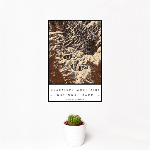 12x18 Guadalupe Mountains National Park Map Print Portrait Orientation in Ember Style With Small Cactus Plant in White Planter