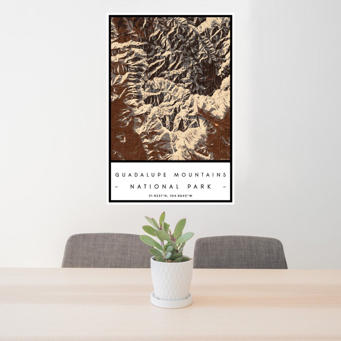 24x36 Guadalupe Mountains National Park Map Print Portrait Orientation in Ember Style Behind 2 Chairs Table and Potted Plant