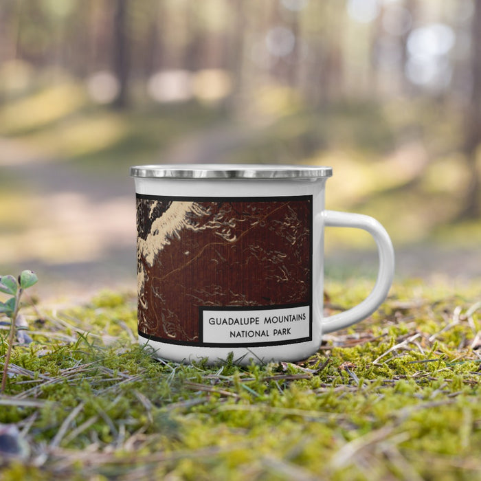 Right View Custom Guadalupe Mountains National Park Map Enamel Mug in Ember on Grass With Trees in Background