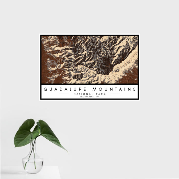 16x24 Guadalupe Mountains National Park Map Print Landscape Orientation in Ember Style With Tropical Plant Leaves in Water