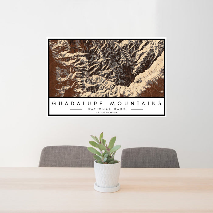 24x36 Guadalupe Mountains National Park Map Print Landscape Orientation in Ember Style Behind 2 Chairs Table and Potted Plant
