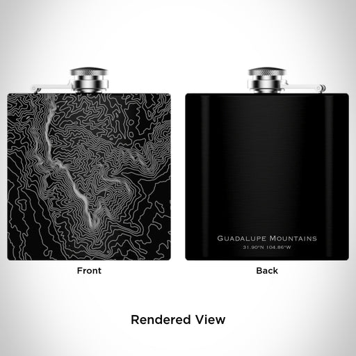 Rendered View of Guadalupe Mountains National Park Map Engraving on 6oz Stainless Steel Flask in Black