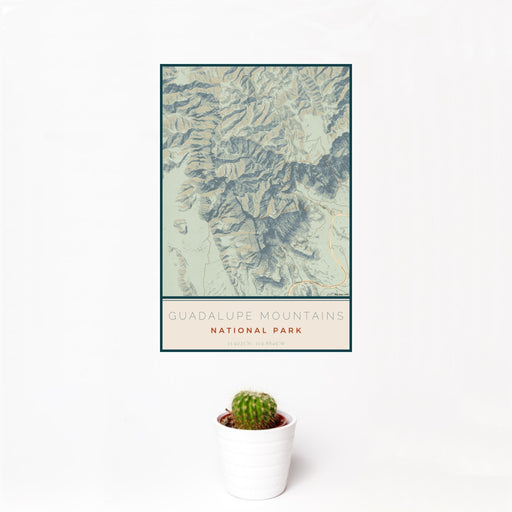 12x18 Guadalupe Mountains National Park Map Print Portrait Orientation in Woodblock Style With Small Cactus Plant in White Planter