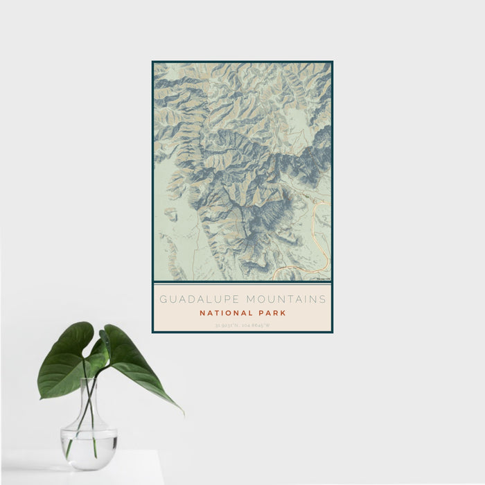 16x24 Guadalupe Mountains National Park Map Print Portrait Orientation in Woodblock Style With Tropical Plant Leaves in Water