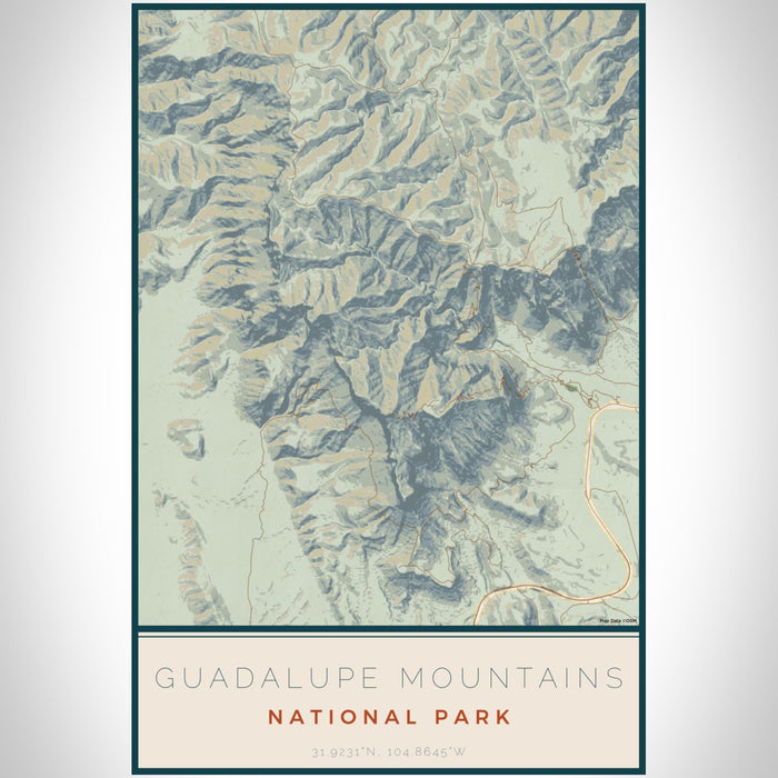Guadalupe Mountains National Park Map Print Portrait Orientation in Woodblock Style With Shaded Background