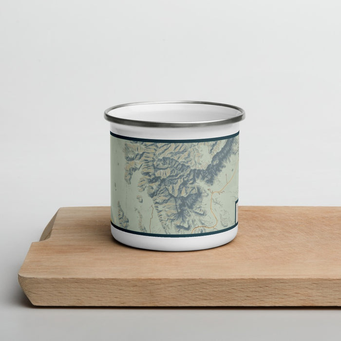 Front View Custom Guadalupe Mountains National Park Map Enamel Mug in Woodblock on Cutting Board