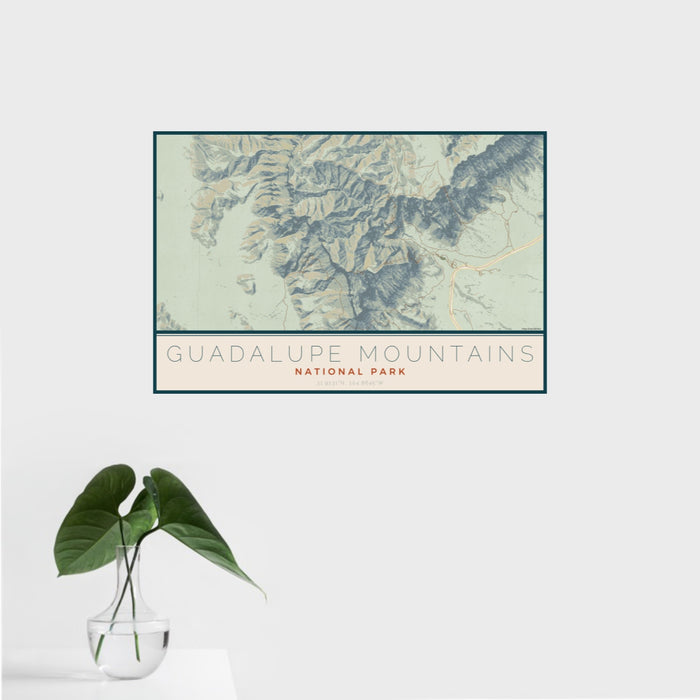 16x24 Guadalupe Mountains National Park Map Print Landscape Orientation in Woodblock Style With Tropical Plant Leaves in Water