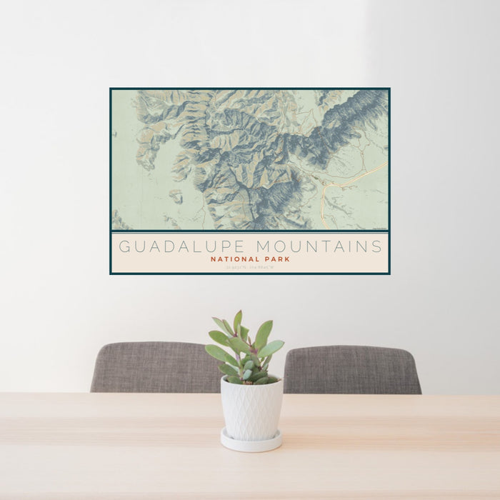 24x36 Guadalupe Mountains National Park Map Print Landscape Orientation in Woodblock Style Behind 2 Chairs Table and Potted Plant