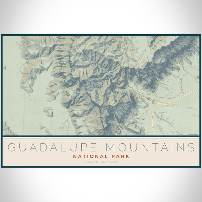 Guadalupe Mountains National Park Map Print Landscape Orientation in Woodblock Style With Shaded Background