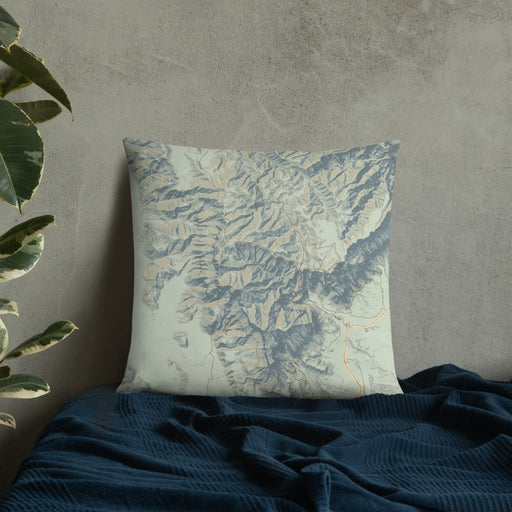 Custom Guadalupe Mountains National Park Map Throw Pillow in Woodblock on Bedding Against Wall