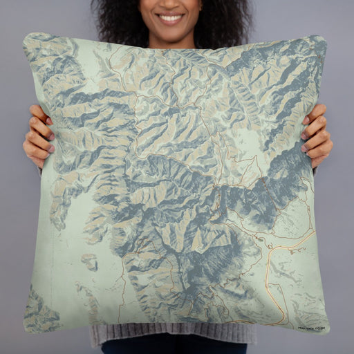 Person holding 22x22 Custom Guadalupe Mountains National Park Map Throw Pillow in Woodblock