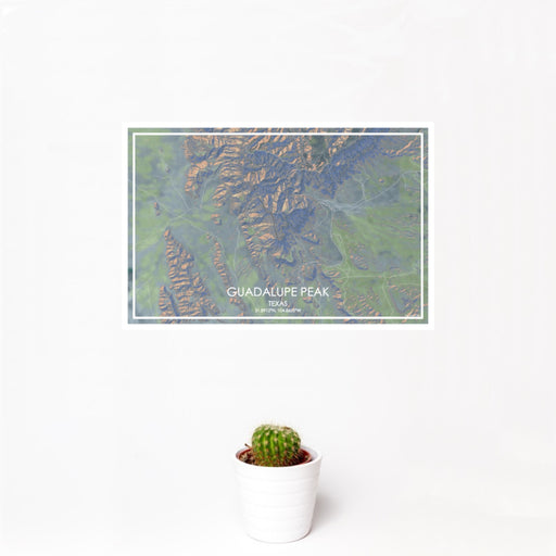 12x18 Guadalupe Peak Texas Map Print Landscape Orientation in Afternoon Style With Small Cactus Plant in White Planter