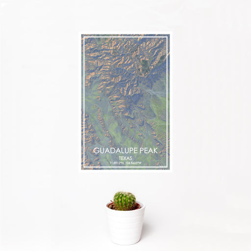 12x18 Guadalupe Peak Texas Map Print Portrait Orientation in Afternoon Style With Small Cactus Plant in White Planter