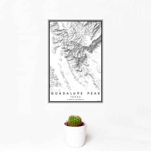 12x18 Guadalupe Peak Texas Map Print Portrait Orientation in Classic Style With Small Cactus Plant in White Planter