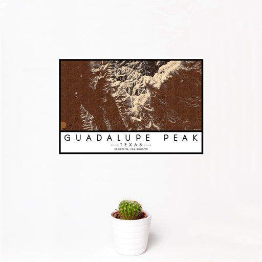 12x18 Guadalupe Peak Texas Map Print Landscape Orientation in Ember Style With Small Cactus Plant in White Planter