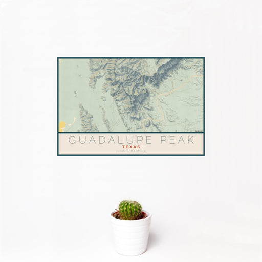 12x18 Guadalupe Peak Texas Map Print Landscape Orientation in Woodblock Style With Small Cactus Plant in White Planter