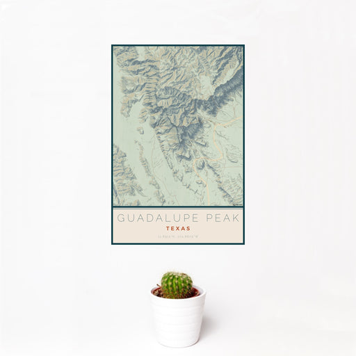 12x18 Guadalupe Peak Texas Map Print Portrait Orientation in Woodblock Style With Small Cactus Plant in White Planter