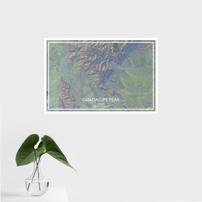 16x24 Guadalupe Peak Texas Map Print Landscape Orientation in Afternoon Style With Tropical Plant Leaves in Water