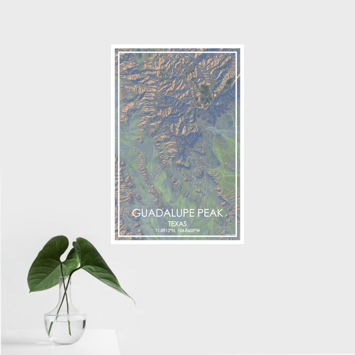 16x24 Guadalupe Peak Texas Map Print Portrait Orientation in Afternoon Style With Tropical Plant Leaves in Water