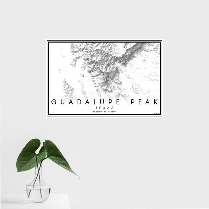 16x24 Guadalupe Peak Texas Map Print Landscape Orientation in Classic Style With Tropical Plant Leaves in Water