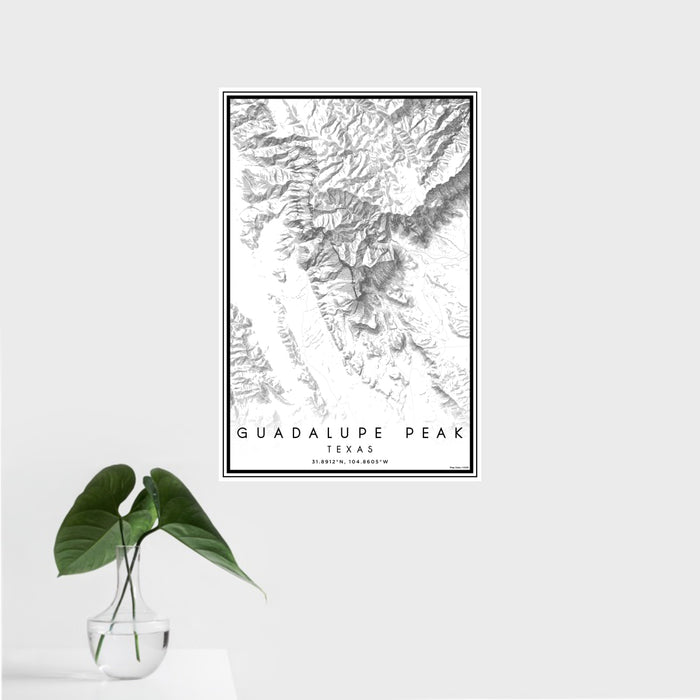 16x24 Guadalupe Peak Texas Map Print Portrait Orientation in Classic Style With Tropical Plant Leaves in Water